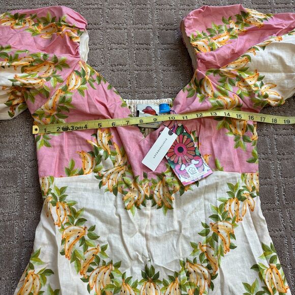 Farm Rio x Anthropologie V-Neck Puff-Sleeve Linen Romper Women's M Pink Tropical - Picture 8 of 10